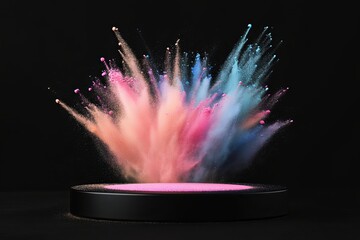 Poster - Colorful powder explosion on a black podium against a dark backdrop creating a vibrant display