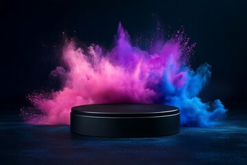 Poster - A black podium with pink and blue powder explosion against a dark moody background for product display