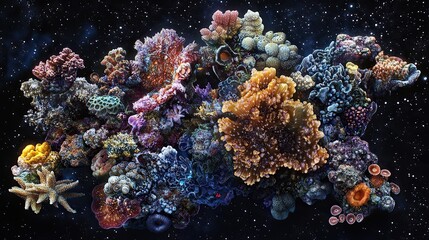 Poster - hyperrealistic clusters of deep-sea coral structures with metallic textures and bioluminescent highl