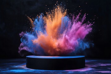 Poster - Explosion of vibrant colors on a dark platform creating a dynamic and captivating visual display