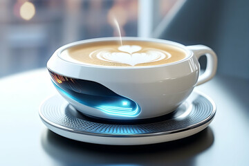 Poster - Futuristic coffee cup with glowing base and latte art.