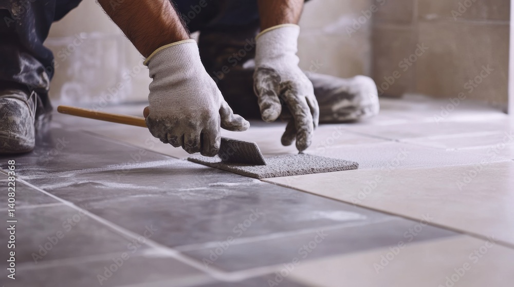 Hispanic tile setter applying grout between bathroom tiles. Featuring ...