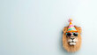 © Suryanto - Lion Head Wearing Sunglasses and Party Hat Against Pastel Blue Background
