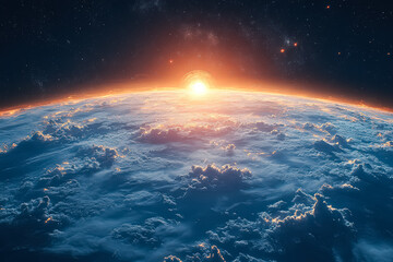 Wall Mural - planet with a sun in the sky. the sun is orange and the planet is blue. the sky is filled with cloud