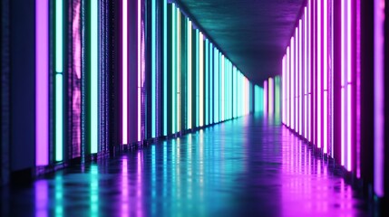Poster - Rows of towering neon panels curving inwards into a narrowing frame