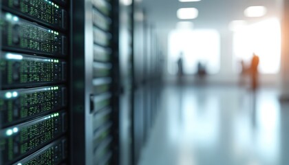Aufkleber - Data center with servers, lights. Cyber security concept, focus on backup, recovery. Digital information storage, data protection, cloud technology. Server racks, data processing center.