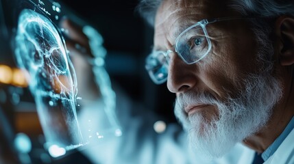 Poster - Senior scientist analyzing brain scan data in a high-tech laboratory during nighttime