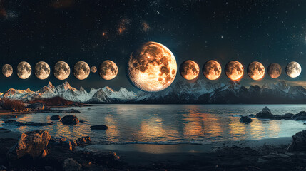 Wall Mural - series of moon images are shown in a row, with the moon in the middle of the row. the moon appears t