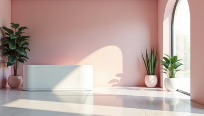Poster - Modern interior with pink walls and plants in a bright space  