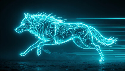 Poster - A glowing digital wolf made of neon blue lines races energetically across a dark terrain, creating a dynamic and vibrant visual effect in the night setting