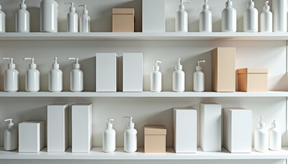 Poster - Clean product display with white and brown packaging on shelves  