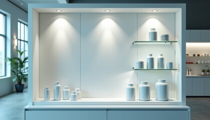 Poster - Modern display case showcasing white containers in a bright room  