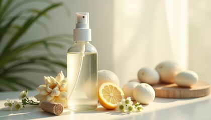 Poster - Luxury Lemon Essential Oil with Flowers and Fresh Eggs on Table  