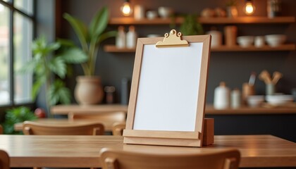 Poster - Blank wooden clipboard on a table in a cozy cafe environment  