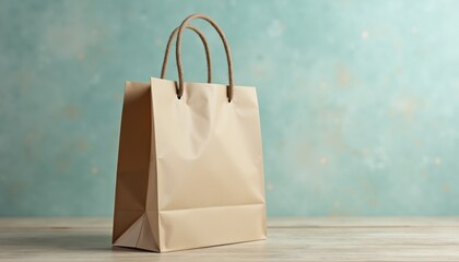 Aufkleber - Simple brown shopping bag on a wooden surface against a blue background  