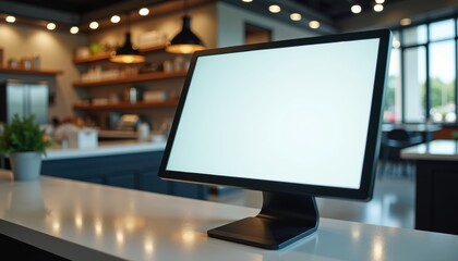 Aufkleber - Modern digital monitor displayed on sleek countertop in cafe  