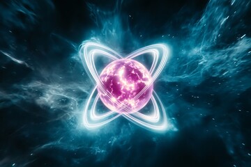 Poster - Glowing cosmic planet surrounded by energy rings in a dark nebula