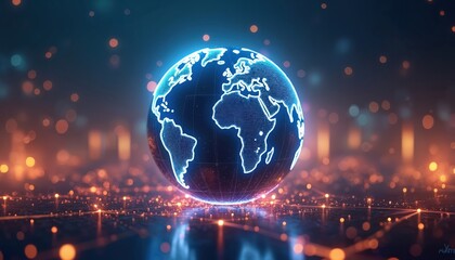 Poster - Digital illustration of glowing globe with world map network. Concept of global communication, worldwide connection. Representing tech, cyberspace, business, news or digital world.