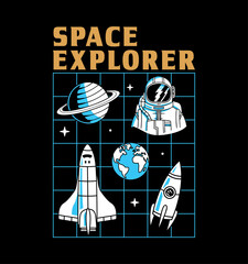 Wall Mural - vector space graphics with a rocket, space crafts, planets and space explorer text. perfect for appa