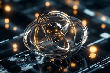 Poster - Abstract Metallic Sphere with Golden Glow in Digital Network