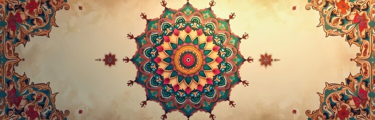 Poster - Colorful mandala illustration with vintage decorative elements. Featuring Islam, Arabic, Indian, Ottoman motifs. Ornate design in pastel hues, perfect for spiritual practices, meditation, interior