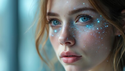 Aufkleber - Young woman portrait with glowing blue particles on face. Digital art, concept of AI, tech, future, or fantasy. Sparkling face skin. Artificial intelligence, beauty, futuristic design.