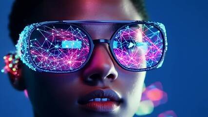 Wall Mural - Woman with futuristic glasses and glowing digital network design