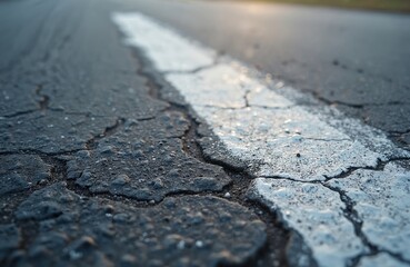Poster - Close-up asphalt texture with white road marking. Grey pavement surface with cracks. Road marking, transportation, urban background. Construction industry backdrop. Pathway, highway, street detail.