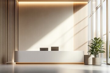 Poster - reception area with white desk, wooden wall, plant and sunlight streaming through the window panes