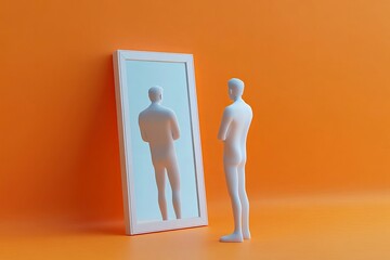 Poster - White figure standing before a mirror on an orange background looking at their reflection clearly shown