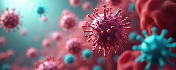 Aufkleber - 3D illustration depicts virus attacking human cells. Microscopic view of virus infecting blood cells. Viral infection spreading disease in body. Concept of health, disease, medicine, science.
