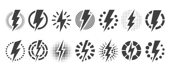 Wall Mural - Lightning bolt icons in dotted circles. Vintage flash symbol, thunderbolt vector illustration. Lightning strike sign