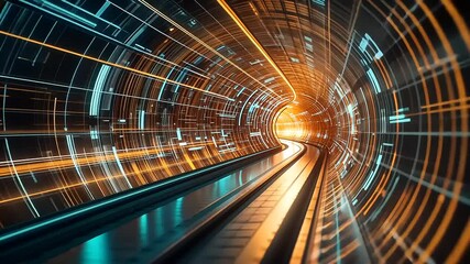 Wall Mural - Futuristic Tunnel with Glowing Lines and Digital Patterns