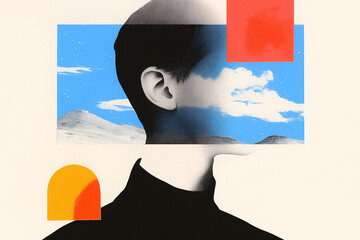Poster - A Mind's Canvas: A striking digital artwork piece that merges elements of human form and imagination, with clean lines, blocks of color, and a contemplative quality.