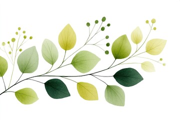 Poster - Beautiful watercolor illustration of green leaves and delicate branches arranged artfully on a white background