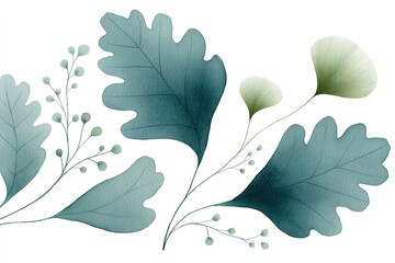 Poster - Green botanical illustration featuring detailed leaves and delicate stems on a white background