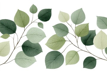 Poster - Vibrant green leaves arranged artistically on a light background showcasing nature's beauty in a tranquil setting