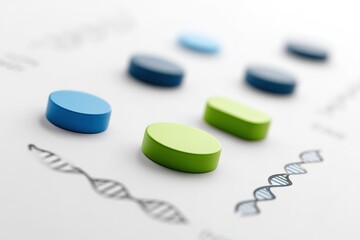 Poster - Colorful tablets arranged above DNA patterns indicating pharmaceutical research and development in a lab