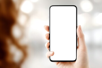 Poster - Holding a smartphone displaying a blank screen in a modern indoor setting with soft lighting