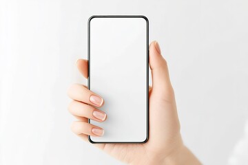 Poster - Hand holding a blank smartphone against a white background showcasing modern technology and minimalist design