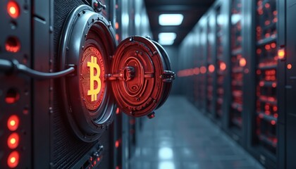 Poster - Futuristic illustration Bitcoin vault, digital data center environment. Crypto security concept. Bitcoin symbol, finance, high tech, innovation. Protection of assets, investment, trade.