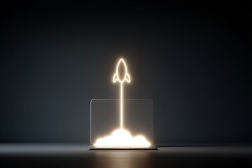 Poster - Illuminated rocket taking off from a laptop in a dark room during a creative brainstorming session