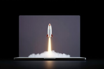 Poster - Creative illustration of a rocket launch from a laptop on a dark background showcasing innovation and technology