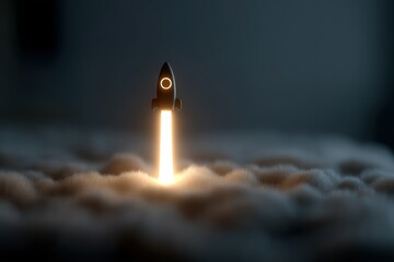 Poster - Rocket ascends above fluffy clouds in a creative digital artwork with a glowing boost during nighttime