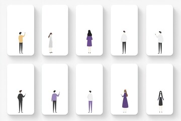 Poster - Various characters stand alone and engaged with devices in a minimalist digital art representation against a white background