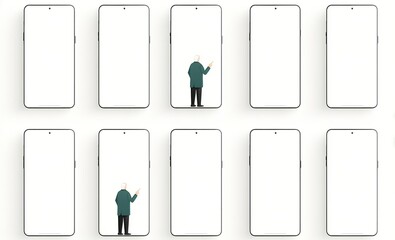 Poster - Multiple smartphone screens displaying a figure in a green coat interacting with a blank background