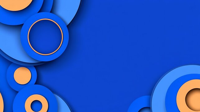 Layered circles in shades of blue and peach create a dynamic graphic design.