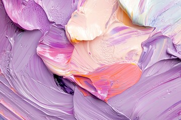 Poster - A close up view of thick textured paint strokes in shades of pink purple and cream colors on canvas