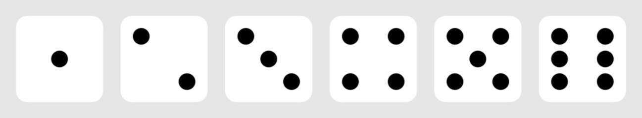 Fototapete - Die icon set with all six faces in white color with black dots. Ludo game dice icons collection. Set of six sides of a die icon in white color with black dots