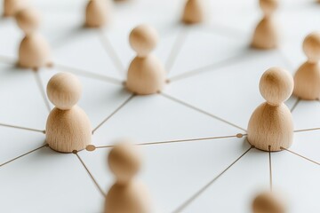 Poster - Wooden figures connected by lines on a white surface representing a social network concept view from above